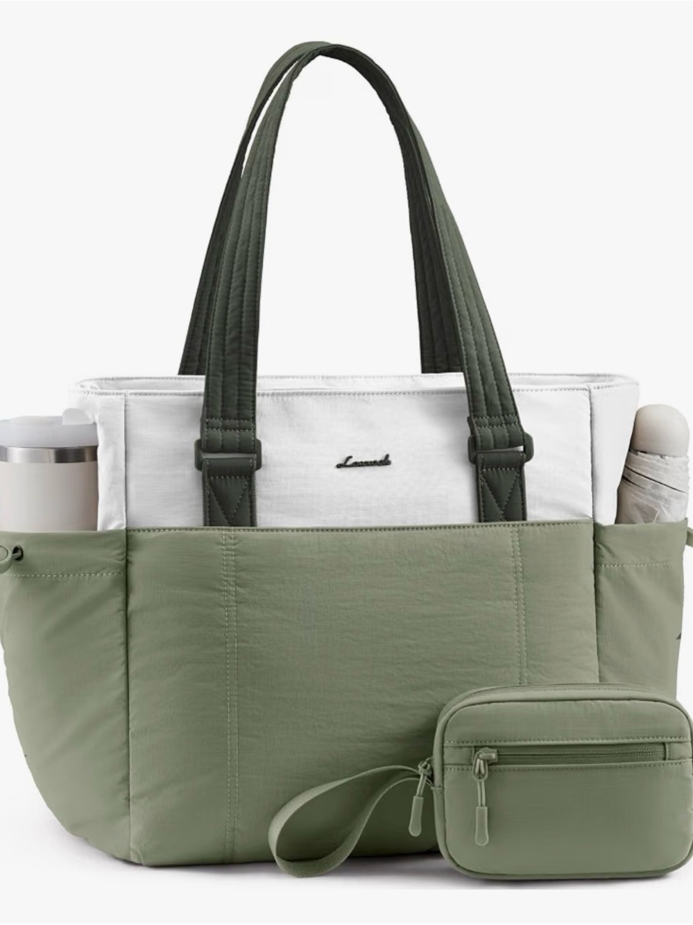 Classic Two-Tone Tote Bag with Removable Pouch - Olive Green & White